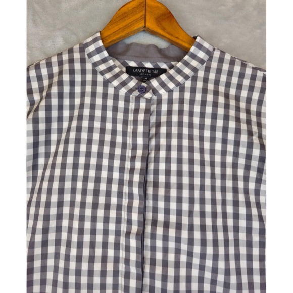 LAFAYETTE 148 NEW YORK Short Sleeve Gingham Check Button Up Shirt Medium Gray - Picture 2 of 6